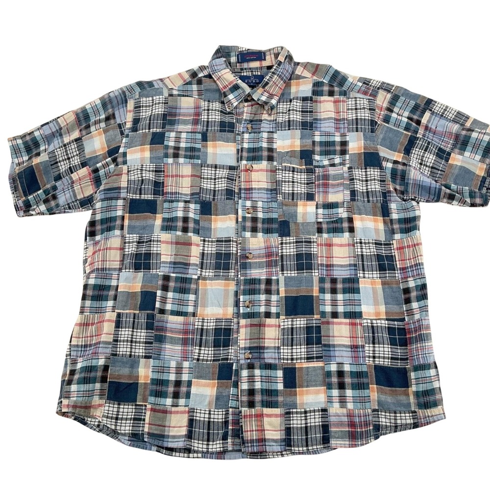 Enro Multicolor Patchwork Madras Plaid Button Front Shirt Mens XL Preppy Coastal